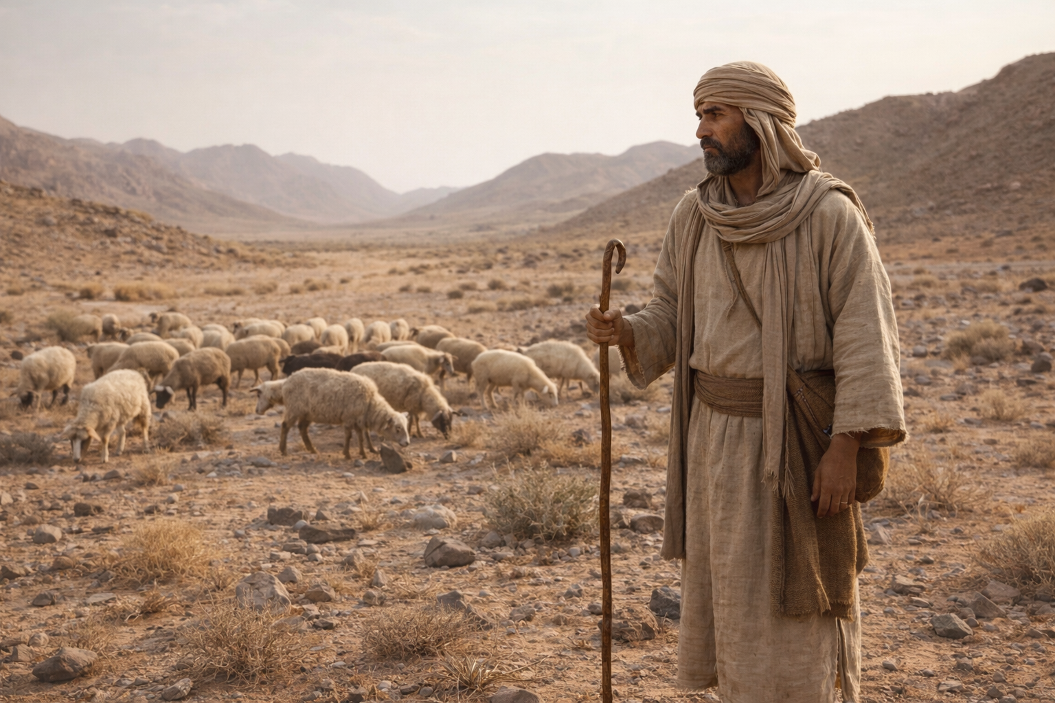 A Middle Eastern man in simple pastoral clothing tends a small flock of sheep near a stone desert well in a semi-arid, rocky Midianite terrain at sunset.