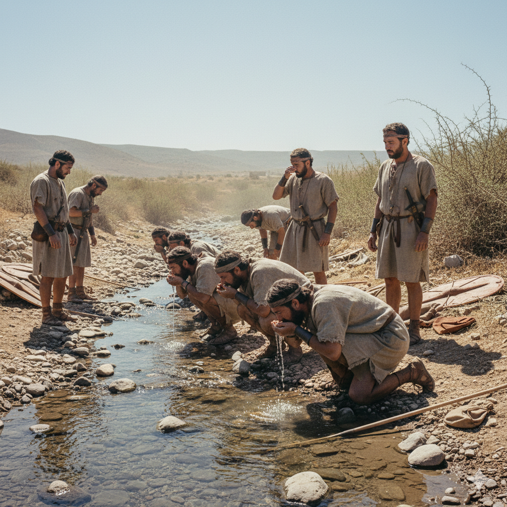 Ancient Hebrew soldiers in simple tunics crouched by a rocky river. Some drink directly from the water, while a few drink from the palms of their hands under a harsh midday sun.