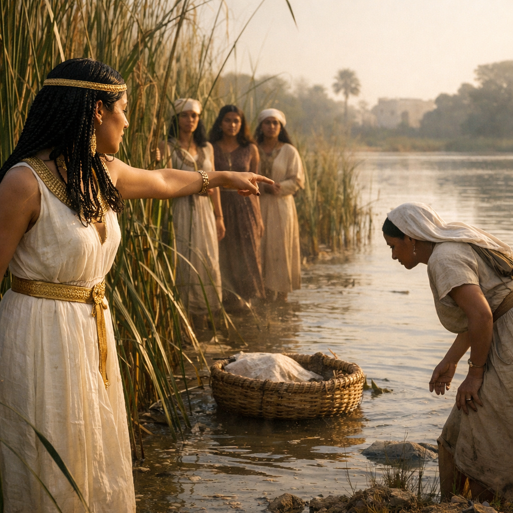 A young royal Egyptian noblewoman stands at the edge of the Nile riverbank among tall papyrus reeds, gesturing toward a floating reed basket while handmaidens observe.