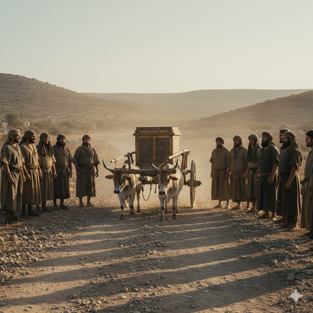 A simple wooden cart pulled by two cows carries the Ark along a dusty Levantine road. Villagers in earth-toned tunics watch in awe as the sun sets over the hills of Judea.