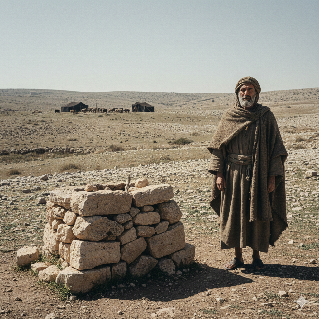A middle-aged man (Abraham) stands next to a simple altar made of stacked limestone rocks in the arid Hebron hills under a harsh midday sun.