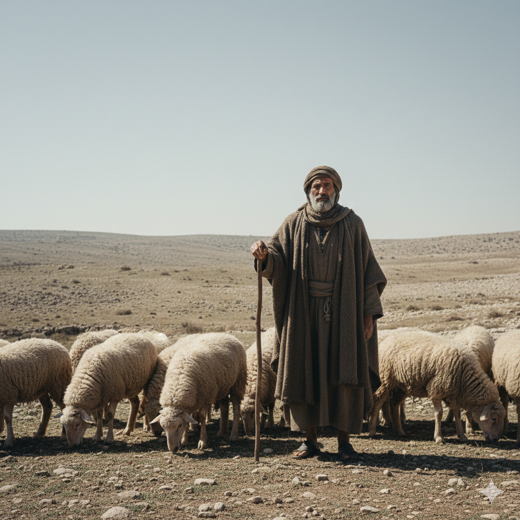 A Middle Eastern patriarch (Abraham) in heavy dark wool robes leans on a staff in the rugged limestone hills near Hebron. A small flock of fat-tailed sheep grazes nearby.