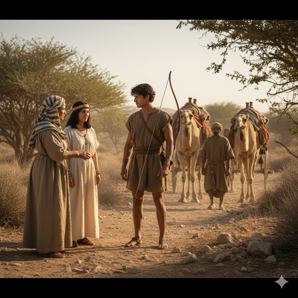 Ishmael, a young archer with a wooden bow, and his mother Hagar in an Egyptian linen head-wrap greeting travelers in the arid wilderness of Paran during the golden hour.
