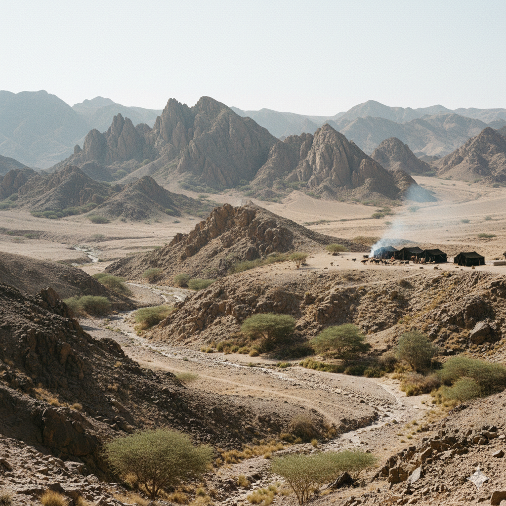 A wide, sweeping vista of the Wilderness of Paran with jagged limestone mountains and dry wadis typical of the Sinai Peninsula under a harsh midday sun.