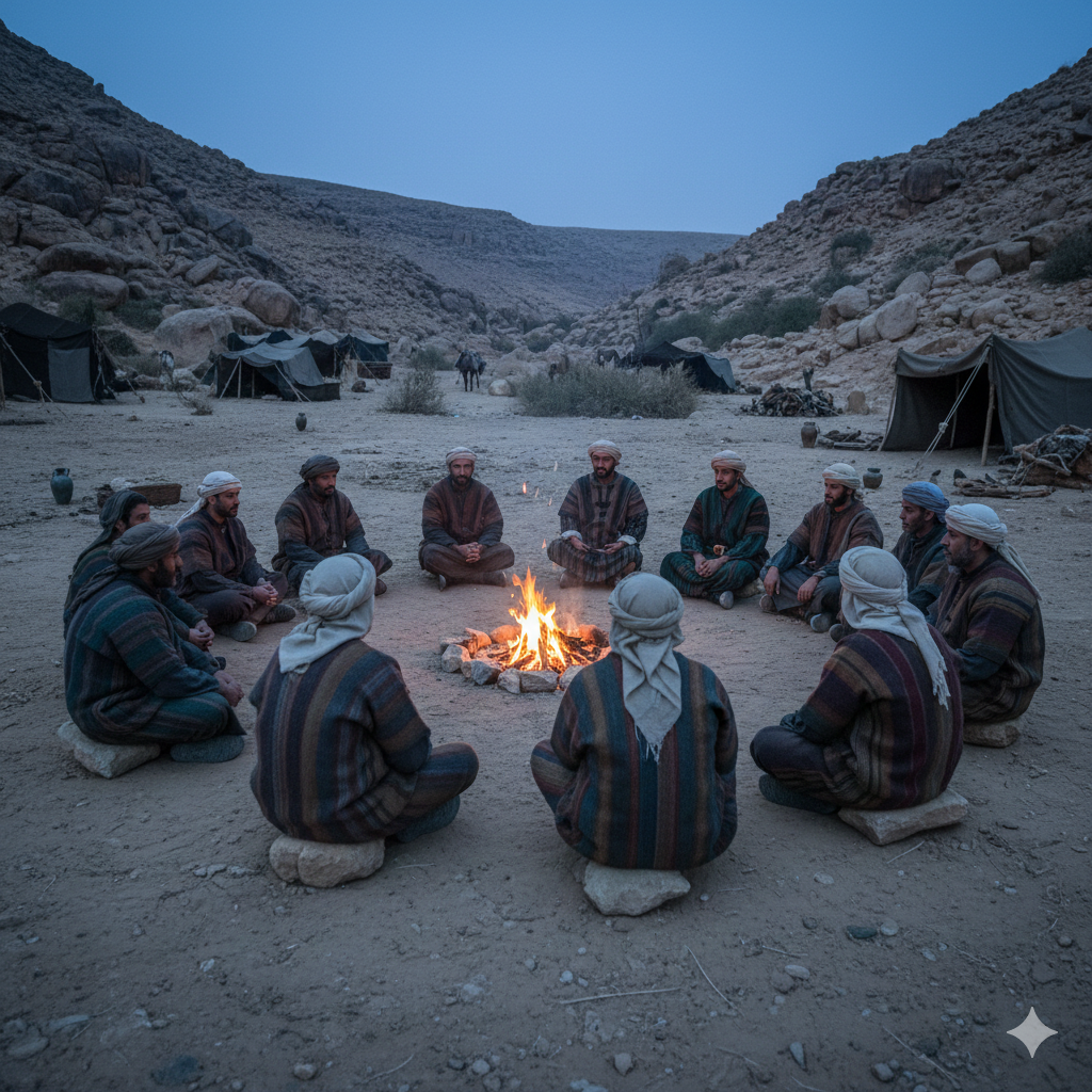 Twelve distinct men of varying ages seated in arcs around a campfire in a rocky desert valley during twilight. Goatskin tents and pack animals are visible in the background.