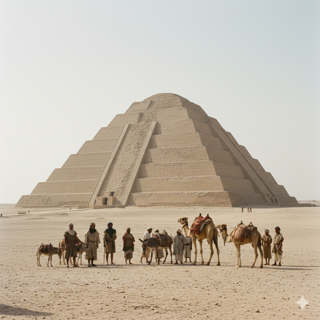A wide-angle view of the Great Ziggurat of Ur in Southern Iraq. The massive mud-brick structure rises out of a dusty Mesopotamian plain as a caravan prepares to depart.
