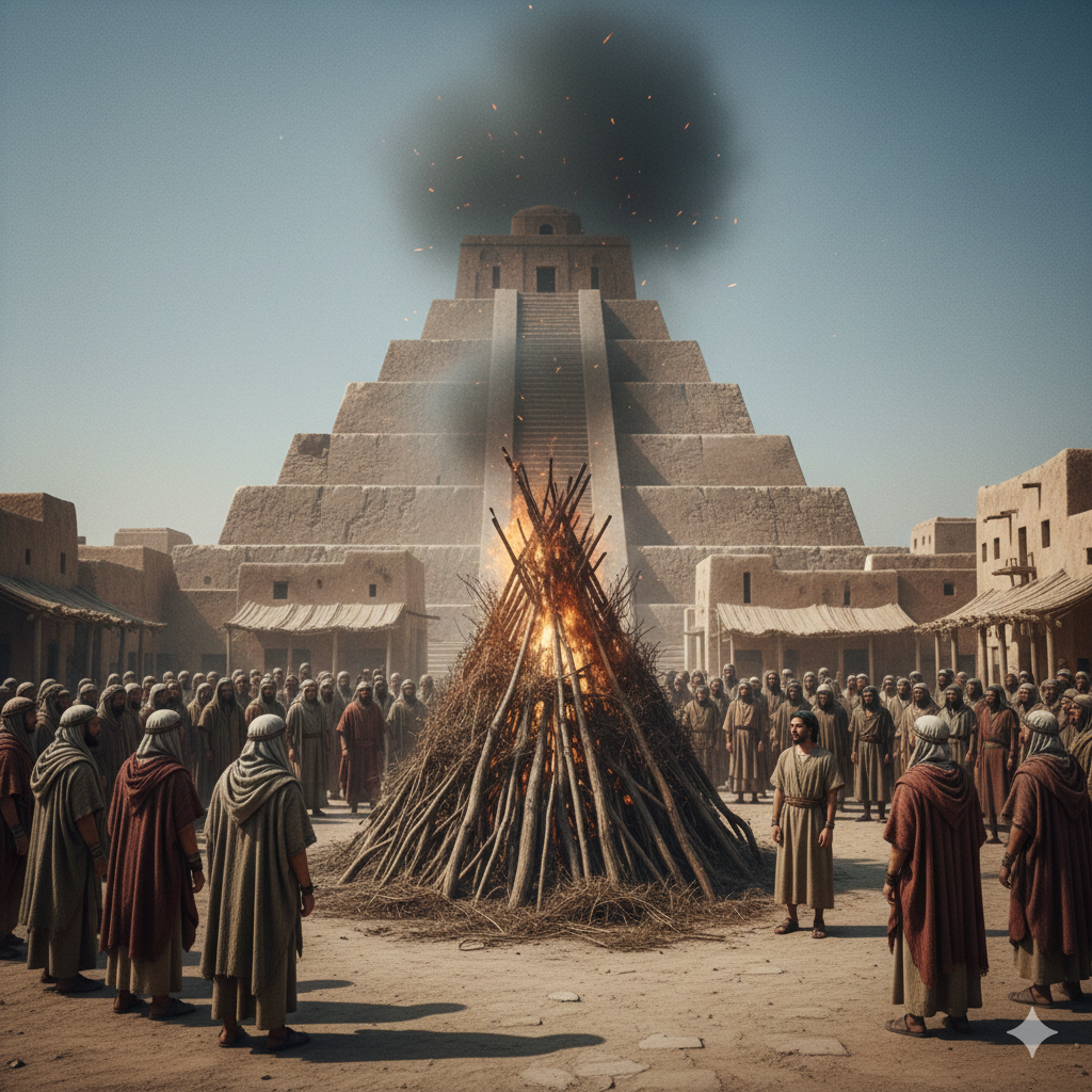 An ancient Mesopotamian city square with a smoldering pit of wood and brush. A young man (Abraham) stands calm near the edge while a crowd in rough-woven robes watches with concern.
