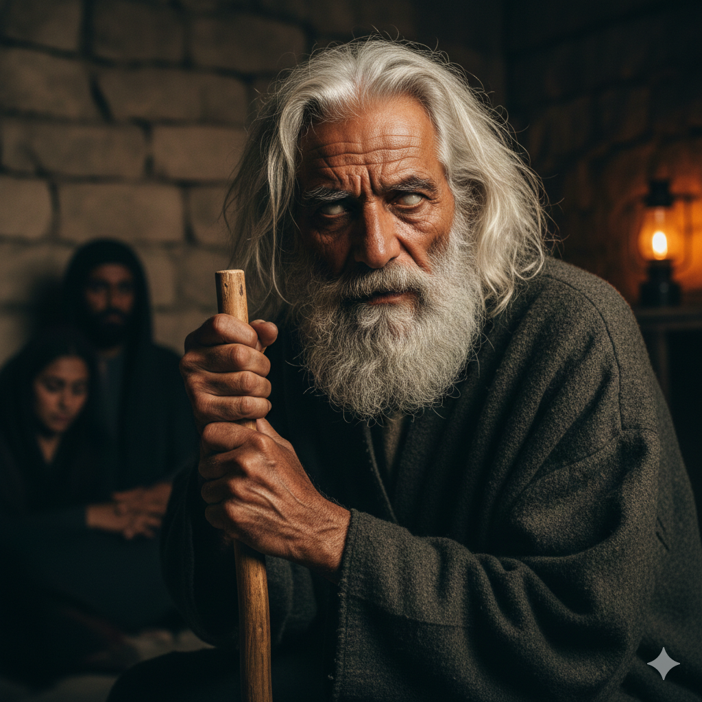 Elderly Waraqa with sightless eyes and a long white beard leaning forward with an intense expression. In the blurred background, Muhammad and Khadija listen in the shadows of an oil-lit 7th-century room.