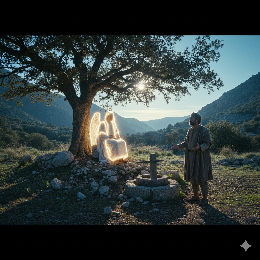 A cinematic shot of a rugged Levantine valley at dawn. Gideon stands by a stone winepress, looking up toward a dignified, glowing figure of an angel in ancient robes engaged in solemn dialogue.