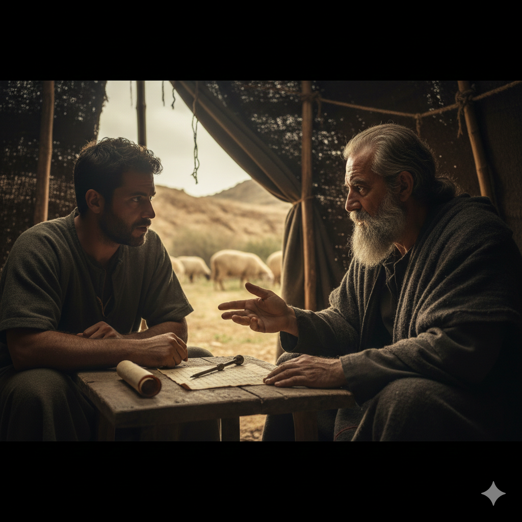 Inside an ancient sun-drenched Levantine tent, an elderly tribal patriarch gestures toward a younger shepherd. A piece of parchment and a stylus lie on a weathered table between them, suggesting a legal agreement.