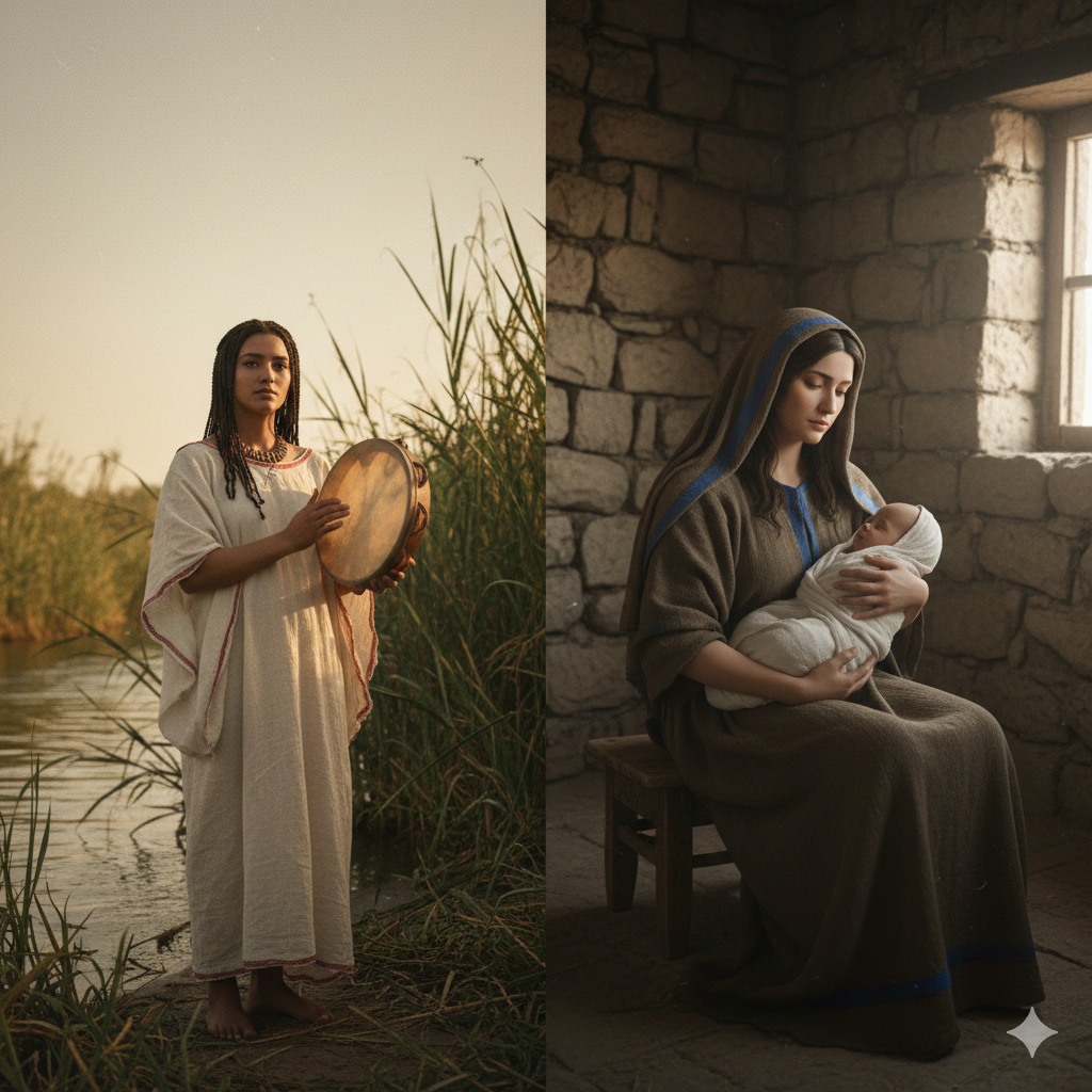 Split-screen: Left shows Miriam in 15th-century BC Egyptian garments by a river with a tambourine; Right shows Mary in 1st-century AD Roman-Jewish attire holding infant Jesus.