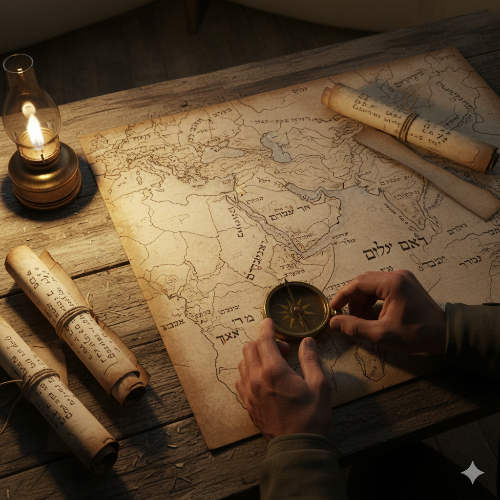 Top-down shot of a weathered wooden commander's table. Hands hold a compass over an ancient Near East map surrounded by Hebrew and Arabic parchment scrolls under a soft oil-lamp glow.