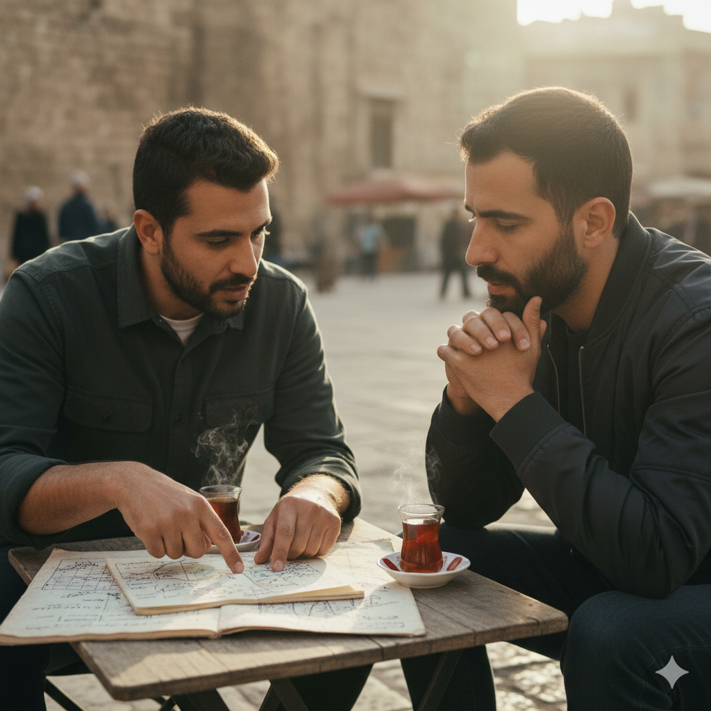 Two men in modern Levantine clothing sit at a weathered outdoor table with tea. One gestures to handwritten charts and maps in a notebook during the golden hour.
