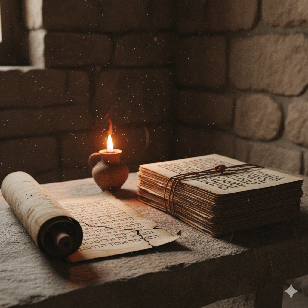 An ancient weathered parchment scroll (Torah) lying unrolled on a stone table next to a stack of early codex pages (Gospel) in a dim 7th-century study lit by a single oil lamp.