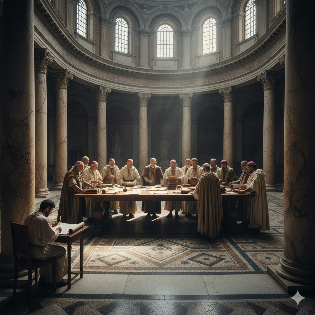 Ancient Roman-style hall with marble pillars. A group of bishops in 4th-century tunics gather around a table examining weathered parchment scrolls under natural sunlight.