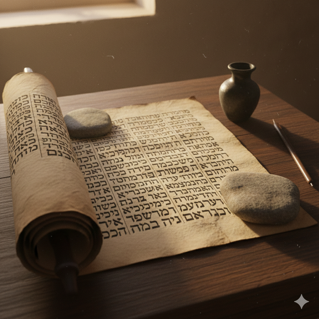 Close-up of a 7th-century Jewish scribe’s desk. An open Torah scroll with columns of meticulously inked Hebrew script on aged parchment lies weighted by stones next to a reed pen.