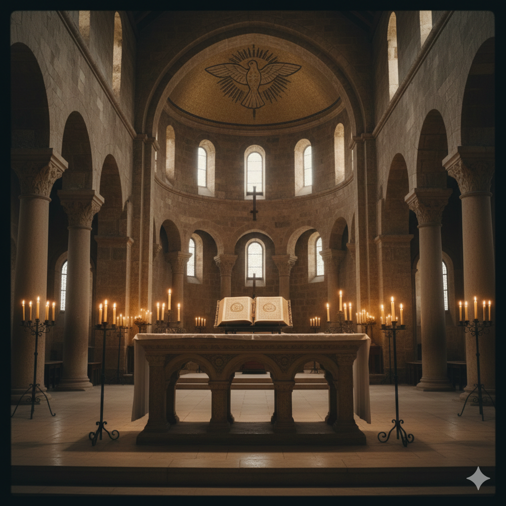 Ancient, candle-lit stone cathedral in the 7th-century Near East. An ornate open Gospel book lies on a central altar, with a faint mosaic of a dove (Holy Spirit) on the vaulted ceiling.