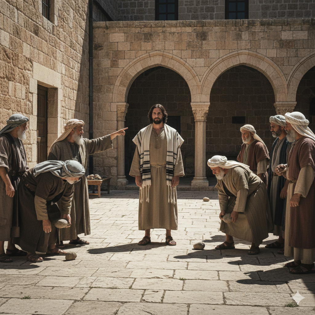Jesus stands calm in a 1st-century Judean synagogue courtyard before an accusing group of Pharisees. Some are stooping to pick up stones from the dusty ground under the harsh Jerusalem sun.