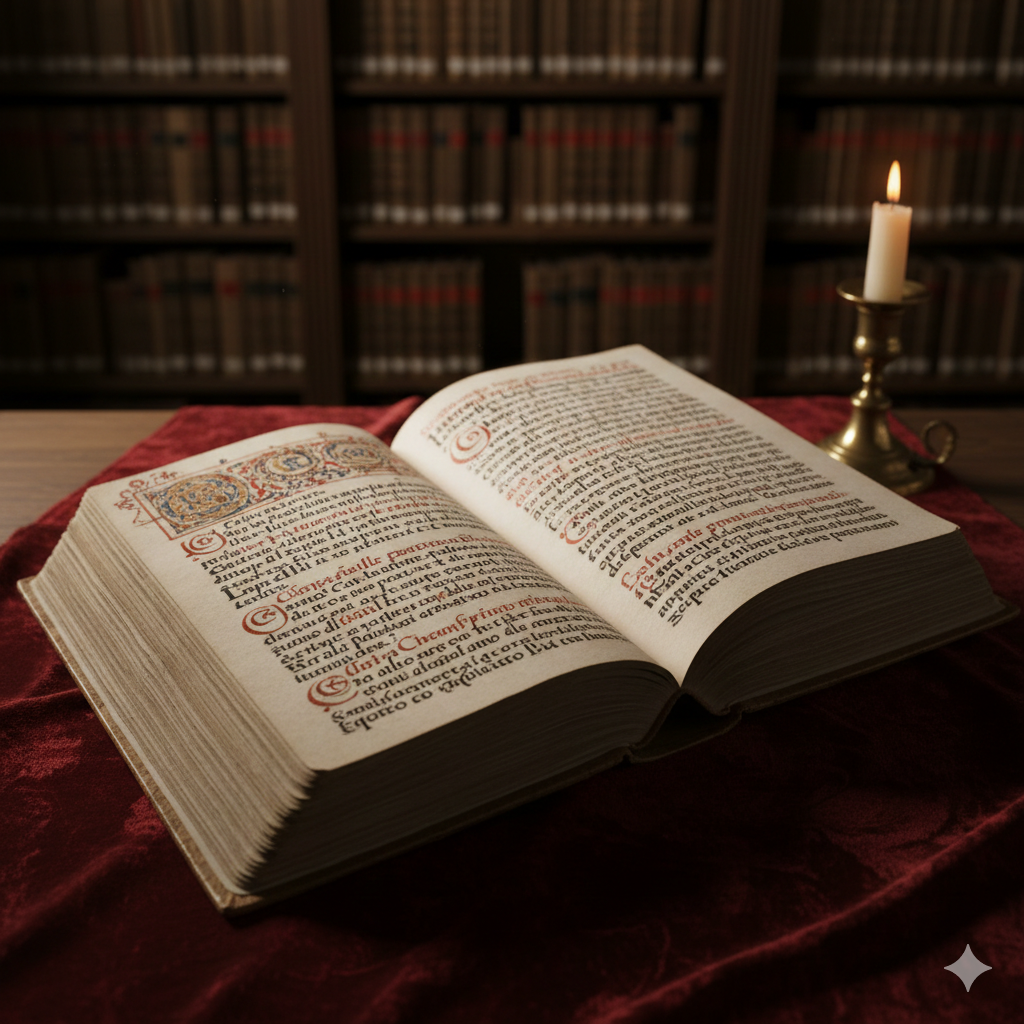 An ornate, 16th-century Italian manuscript with thick paper and dark ink calligraphy resting on a dark velvet cloth inside a dimly lit European library.