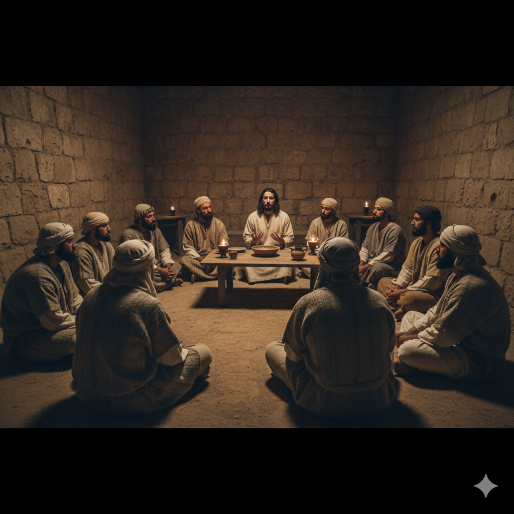 A simple, dim 1st-century stone room in Jerusalem at night. Twelve disciples sit around a low table with clay lamps, listening with intense focus to Jesus speaking to them.