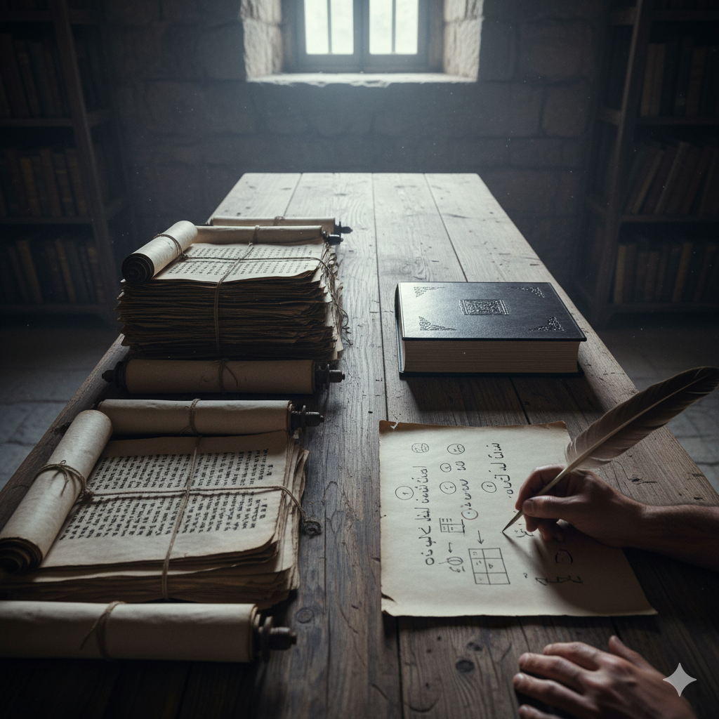 An overhead shot of an ancient archive table. On the left, weathered Hebrew scrolls (Blueprint). On the right, a newer Arabic codex (Confirmation). Between them, notes showing where they don't line up.