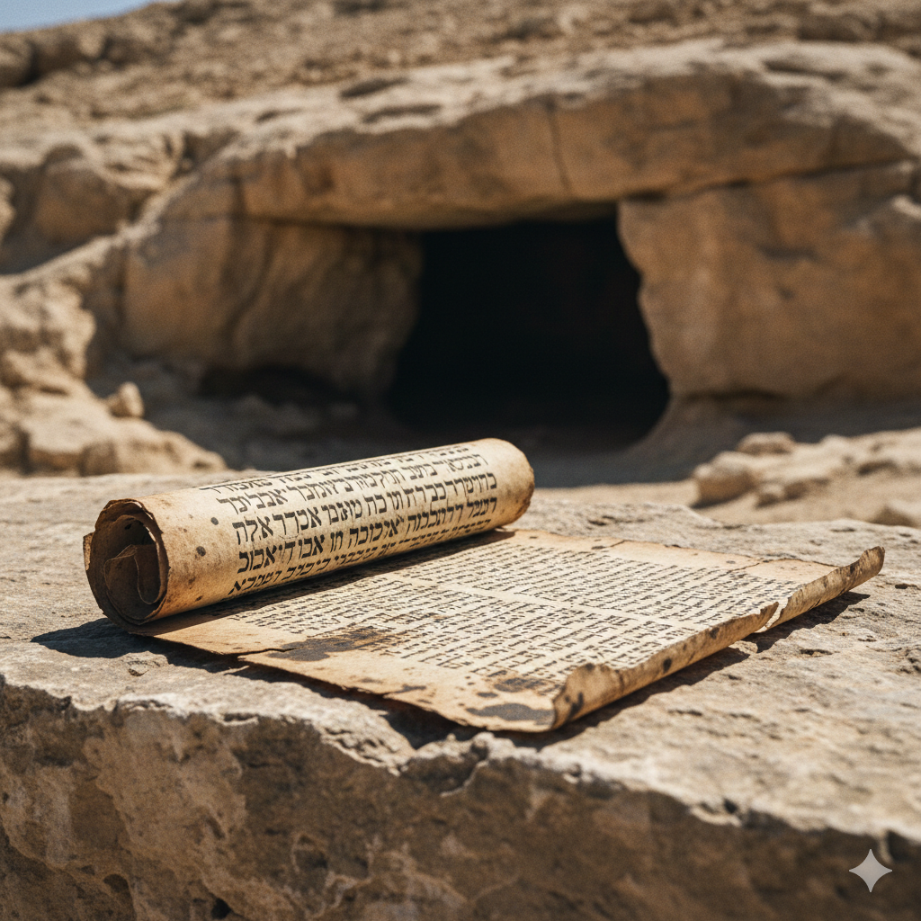 Ancient Hebrew scroll partially unrolled on limestone surface near desert cave entrance — representing the Dead Sea Scrolls