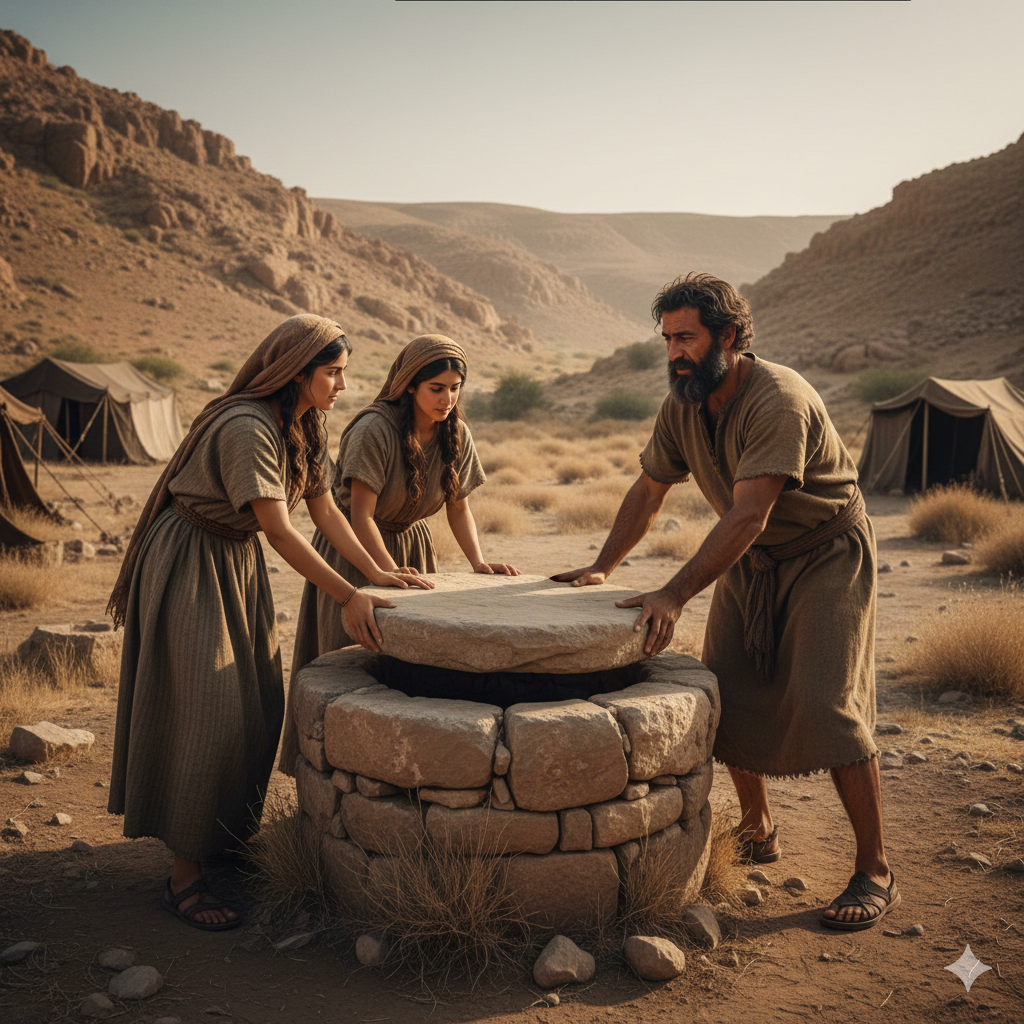 A rugged man (Moses) helps two young women in humble Levantine attire move a heavy stone cover from a circular well in an arid landscape at golden hour.