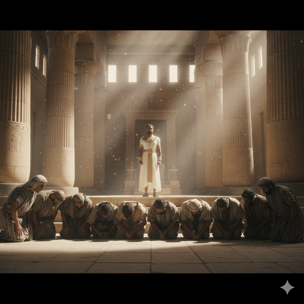 A wide cinematic shot inside an ancient Egyptian audience hall. Joseph, in high-ranking royal linen, stands before a group of dusty Levantine shepherds bowed low on a stone floor while sunlight cuts through high windows.