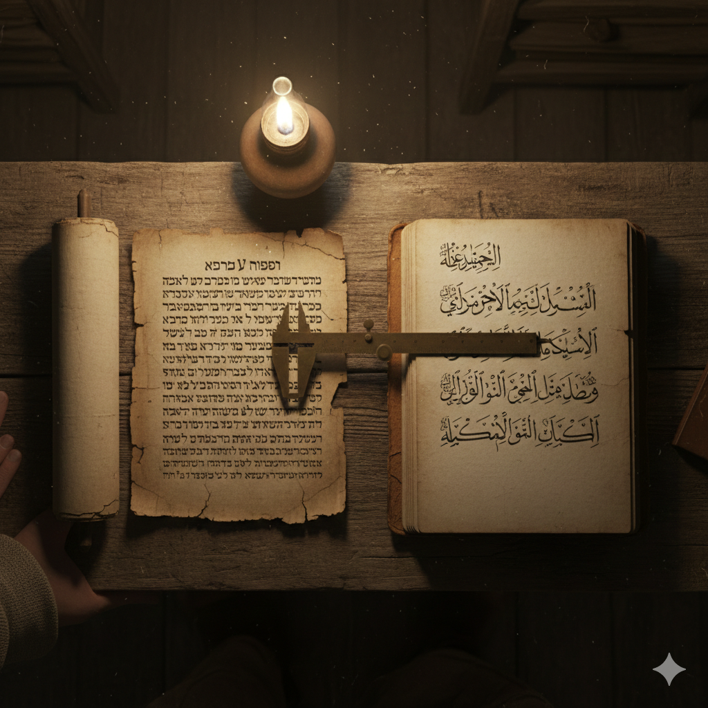 Two ancient documents side-by-side on a weathered wooden table — a Hebrew scroll (Blueprint) and an Arabic codex (Confirmation) with bronze calipers between them