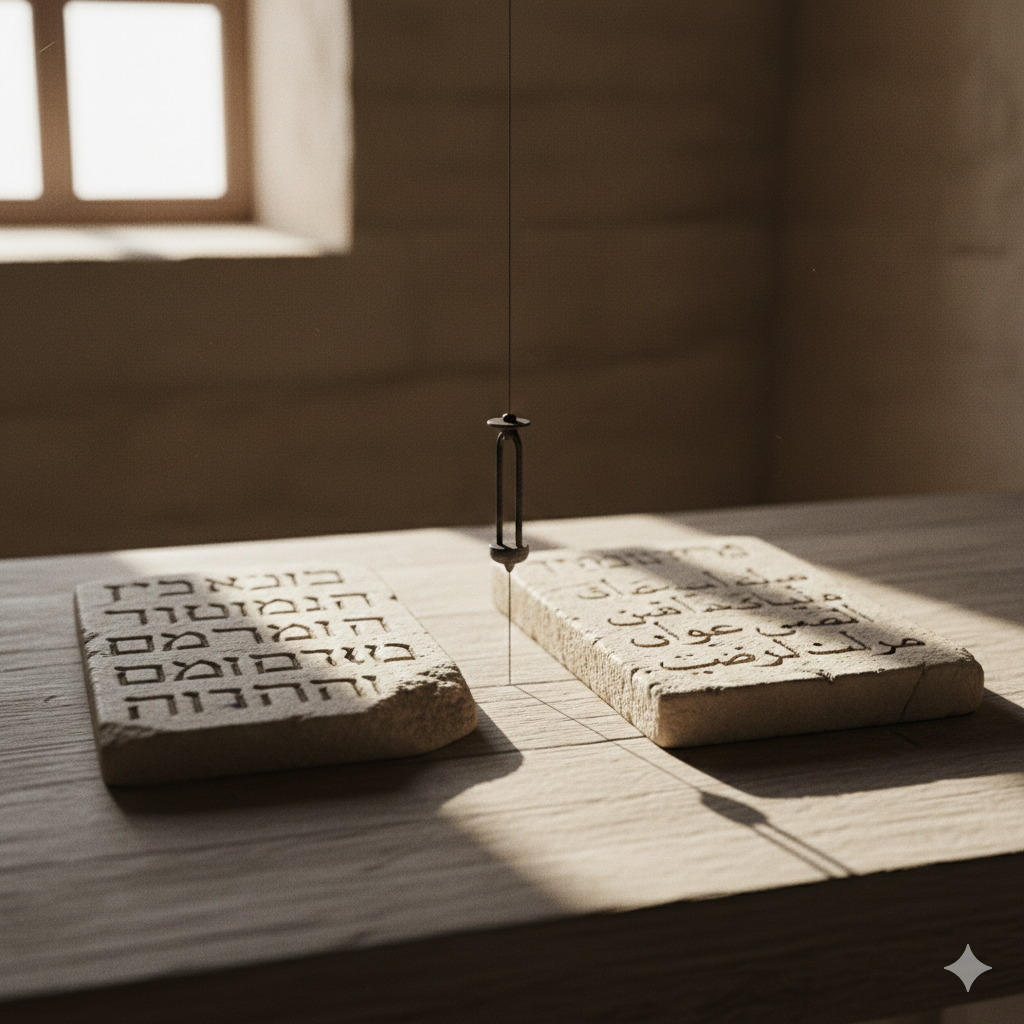 Two ancient tablets (Hebrew and Arabic) on a wooden table with a vertical iron plumb-line hanging between them, symbolizing the standard of truth.