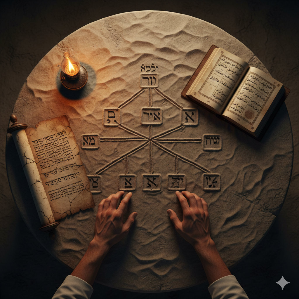 A top-down shot of an ancient stone table. Sun-darkened hands trace a logical decision tree diagram in the sand on the table's surface. Next to the diagram is an open Hebrew scroll and an early Arabic manuscript under a flickering oil lamp.