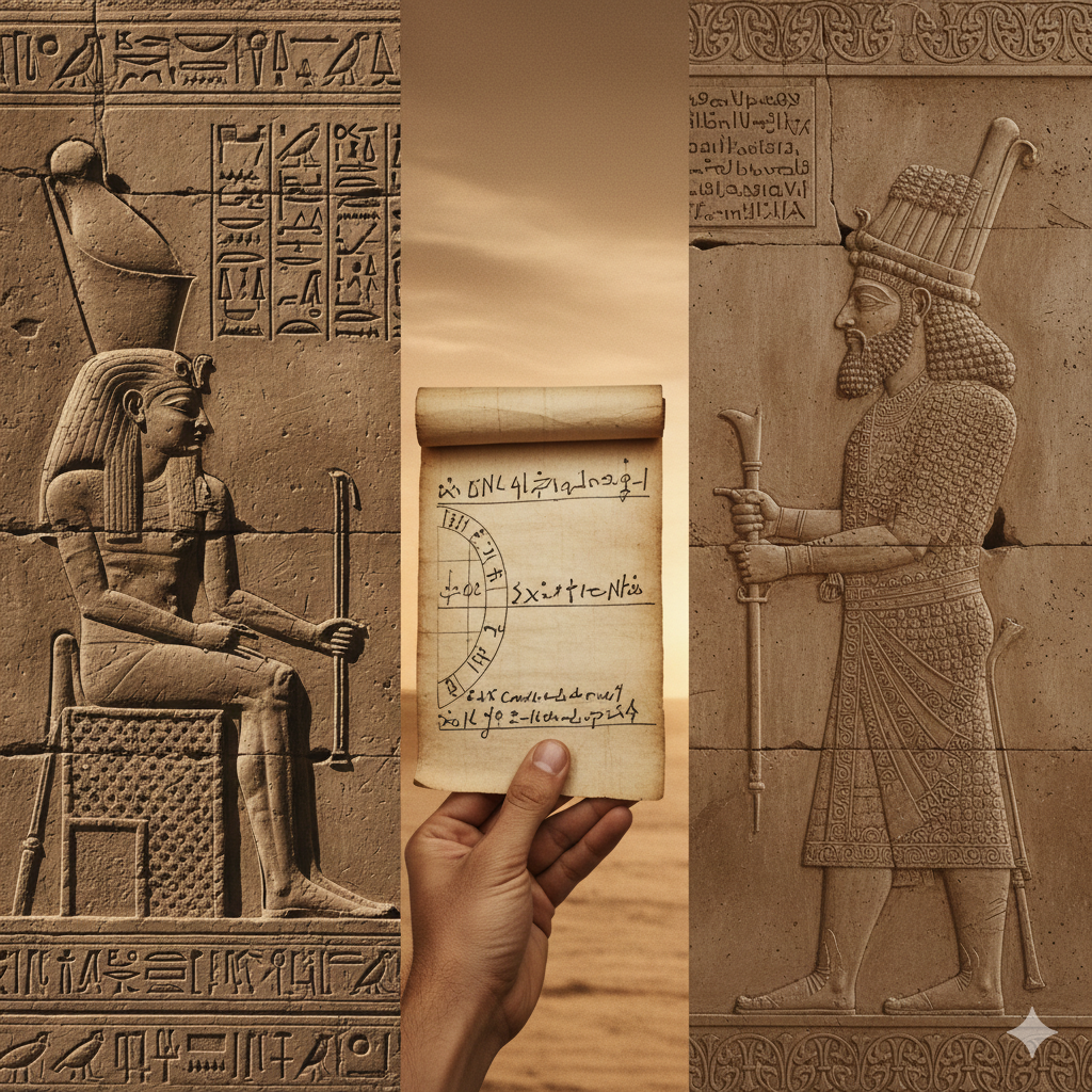 A split-focus shot: An Egyptian limestone relief on the left, a Persian frieze on the right. A hand holds a timeline chart bridging the gap between the two distinct cultures.