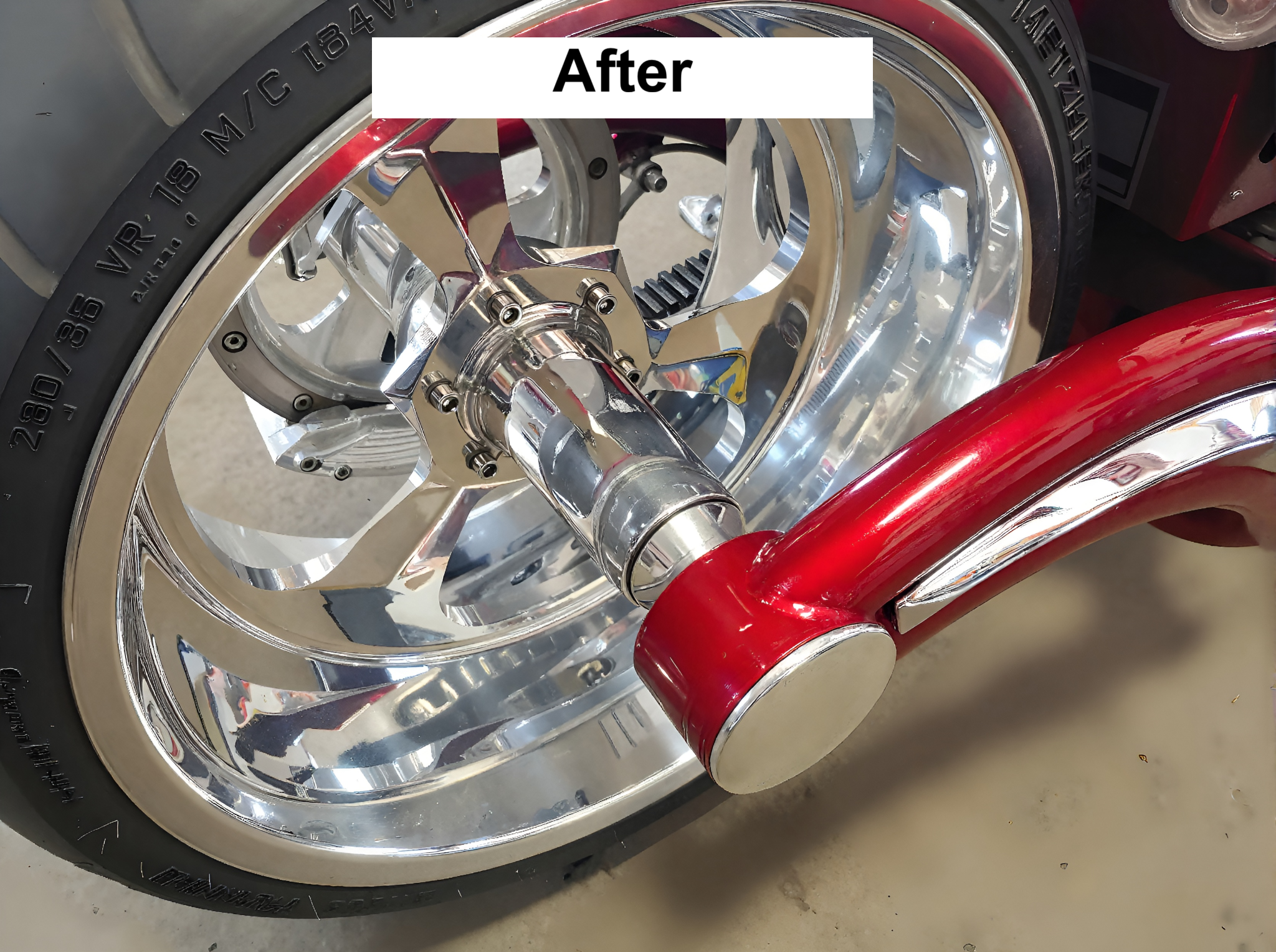 Chrome motorcycle wheel after Adam's Metal Polish — mirror finish by My Detail Guys Fort Worth