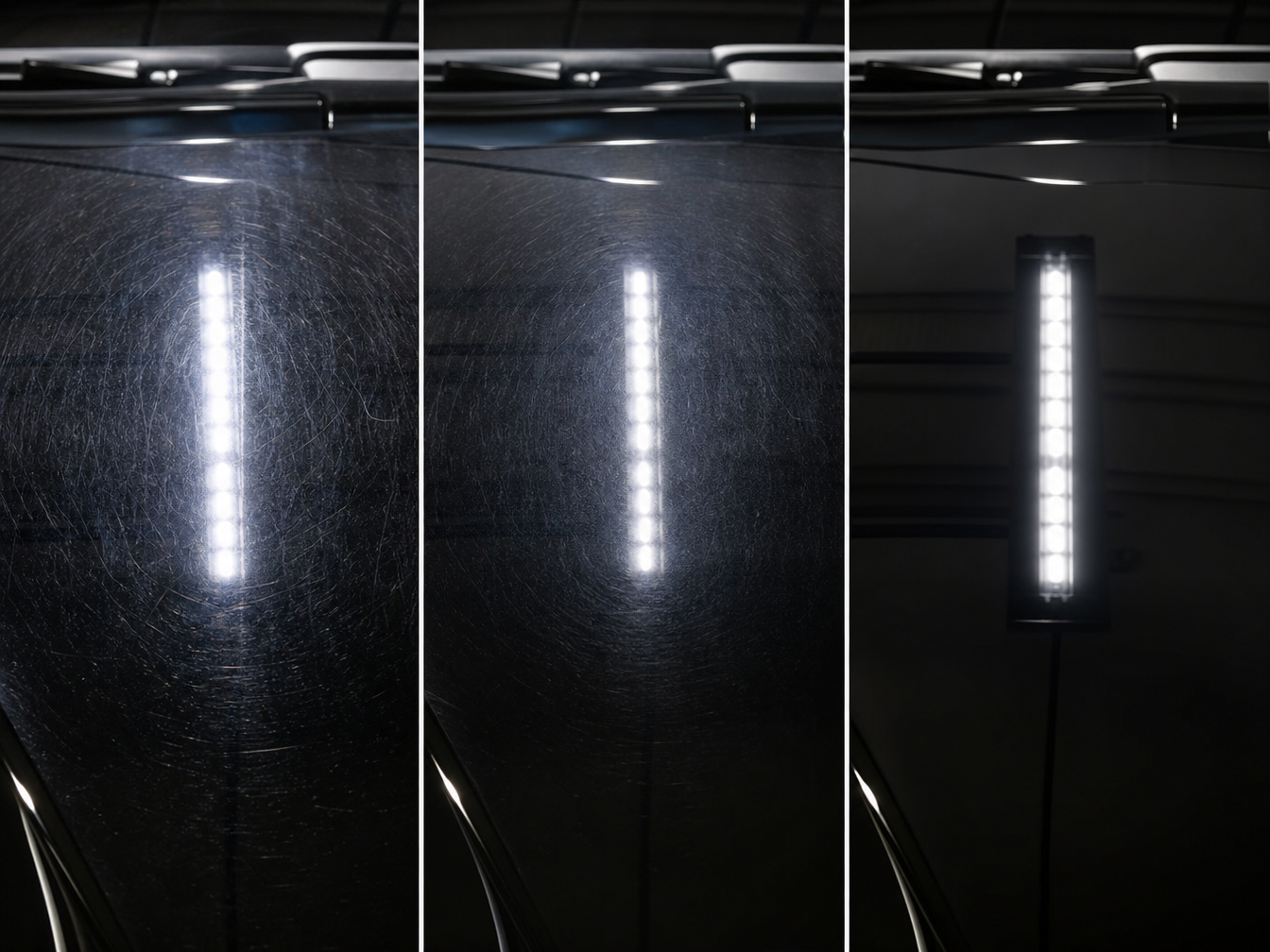 Three levels of paint correction result comparison on dark automotive paint