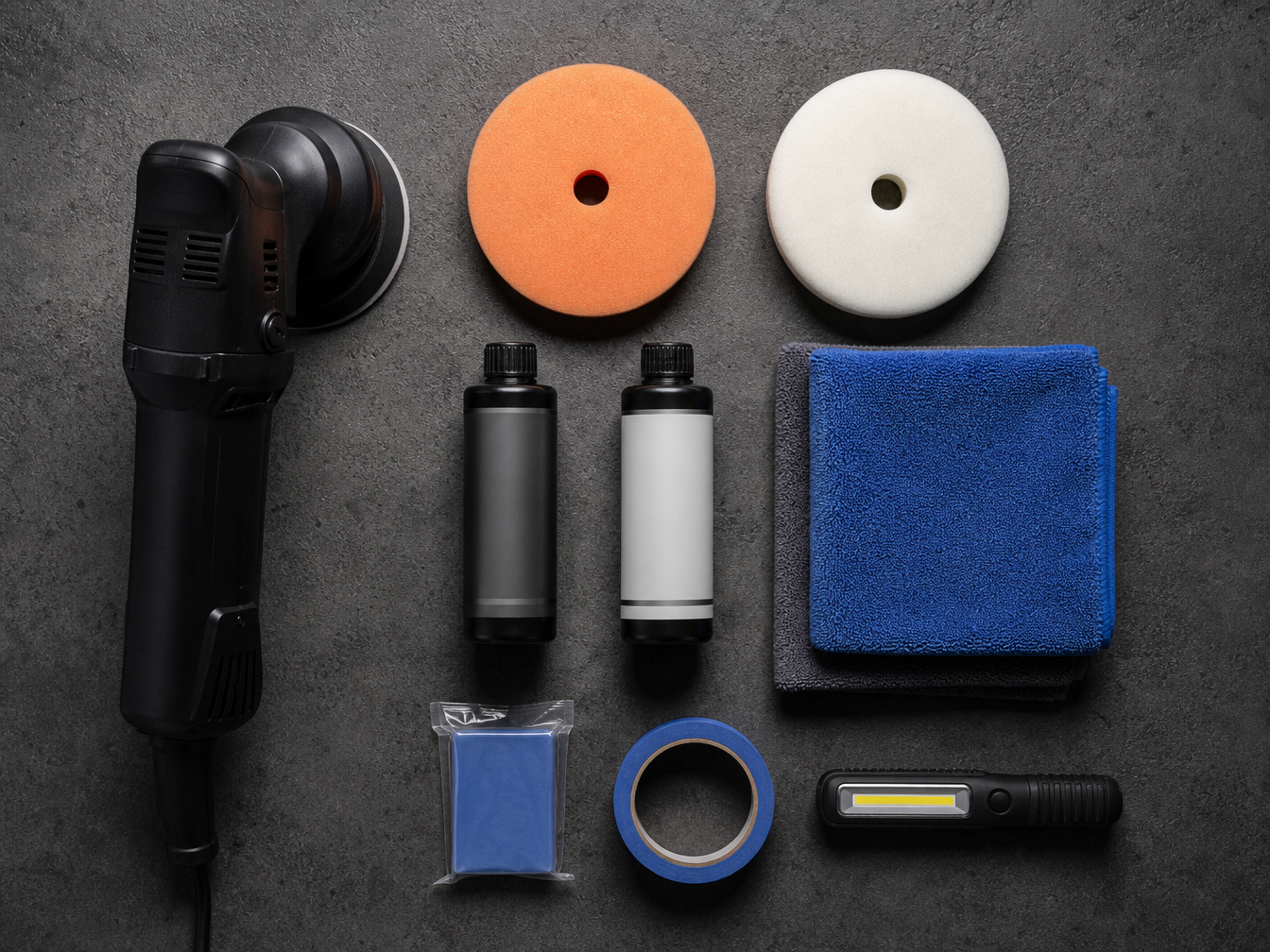 DIY paint correction tools kit laid out: dual-action polisher, pads, compound, microfiber towels, LED light