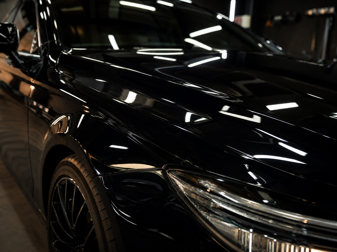 Mirror-finish black car paint after professional two-stage paint correction in Fort Worth