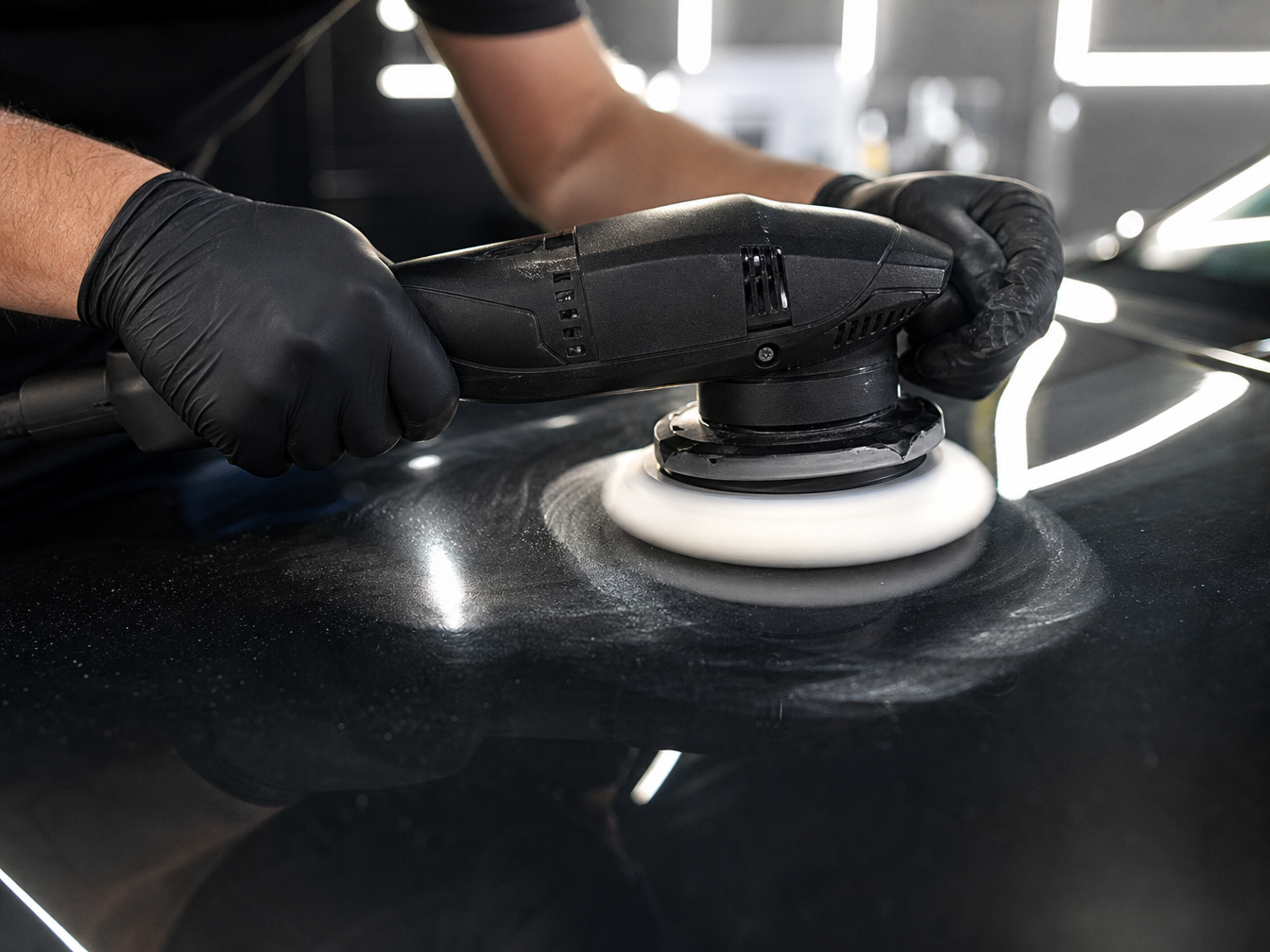 Detailer using dual-action polisher on car hood during professional paint correction service