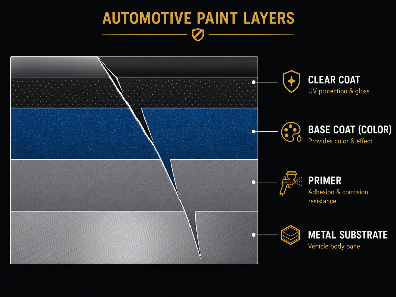 Car paint layer diagram showing clear coat, base coat, primer, and metal layers