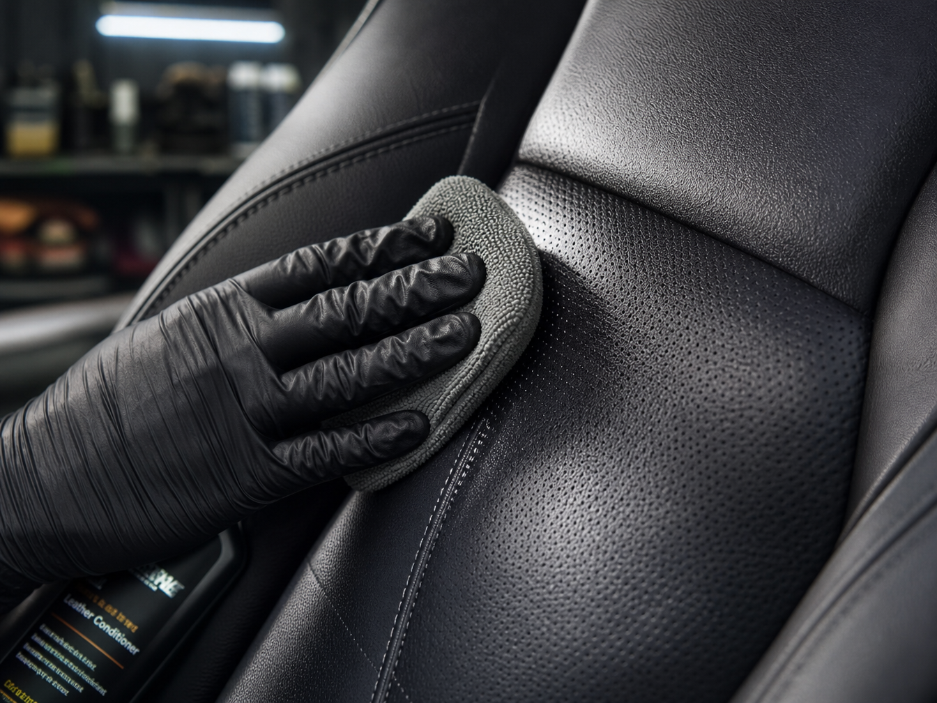 Technician conditioning leather car seat interior — full car detail — My Detail Guys Fort Worth