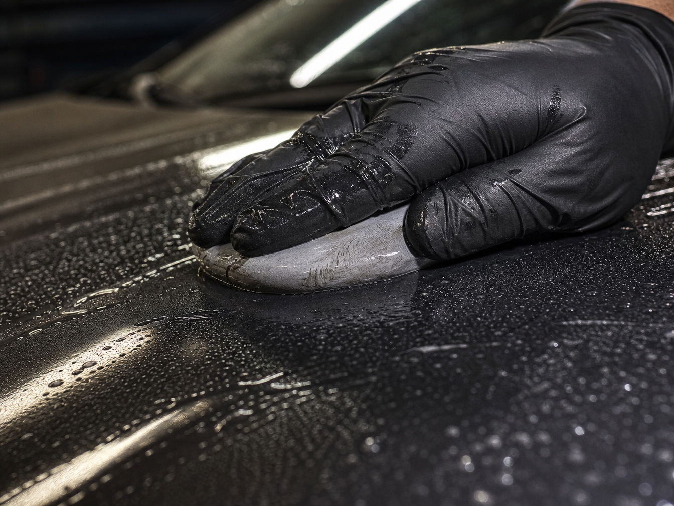 Hand applying clay bar decontamination treatment to a vehicle door panel