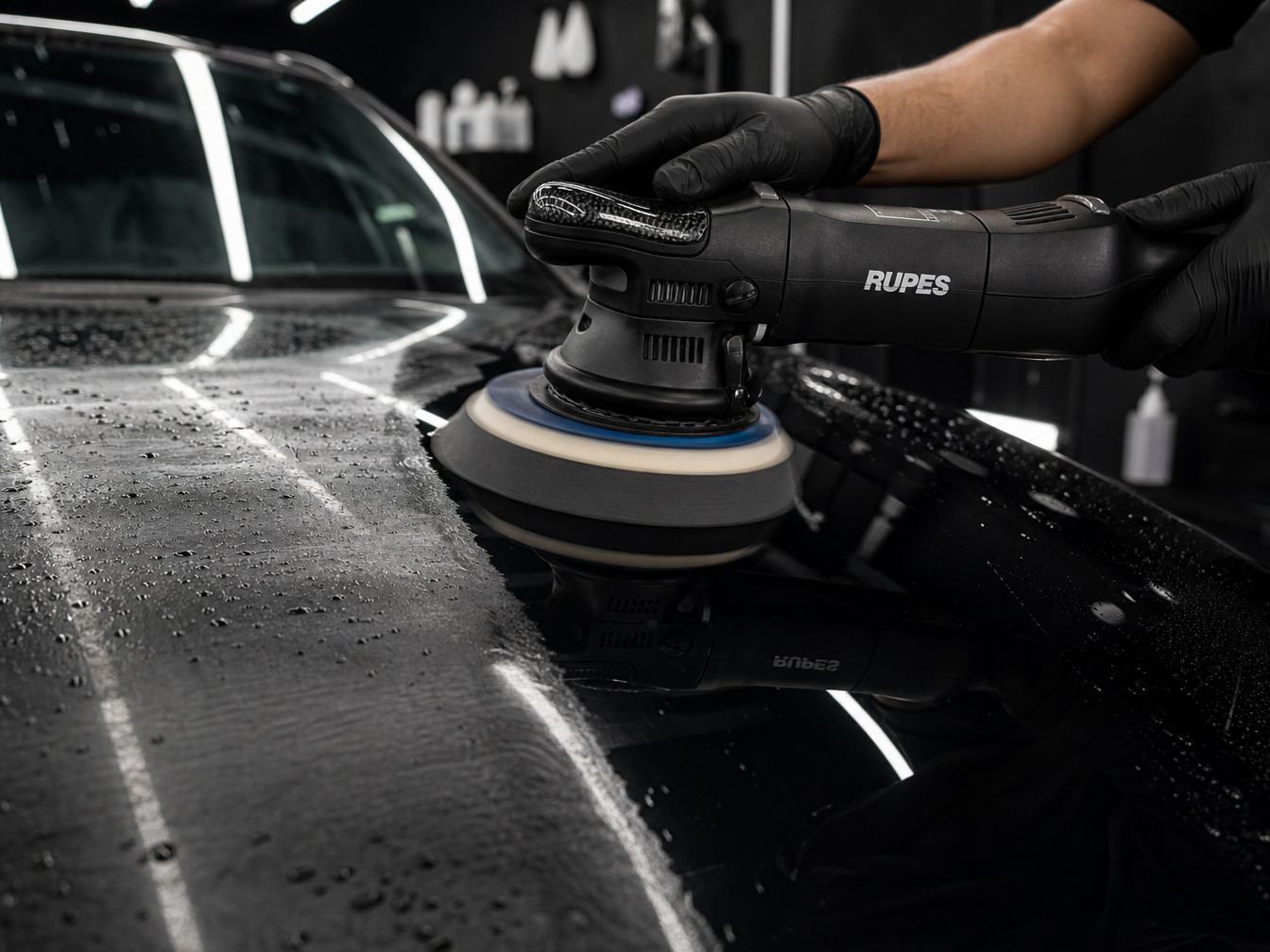 Paint correction and polishing service on a vehicle hood in Fort Worth