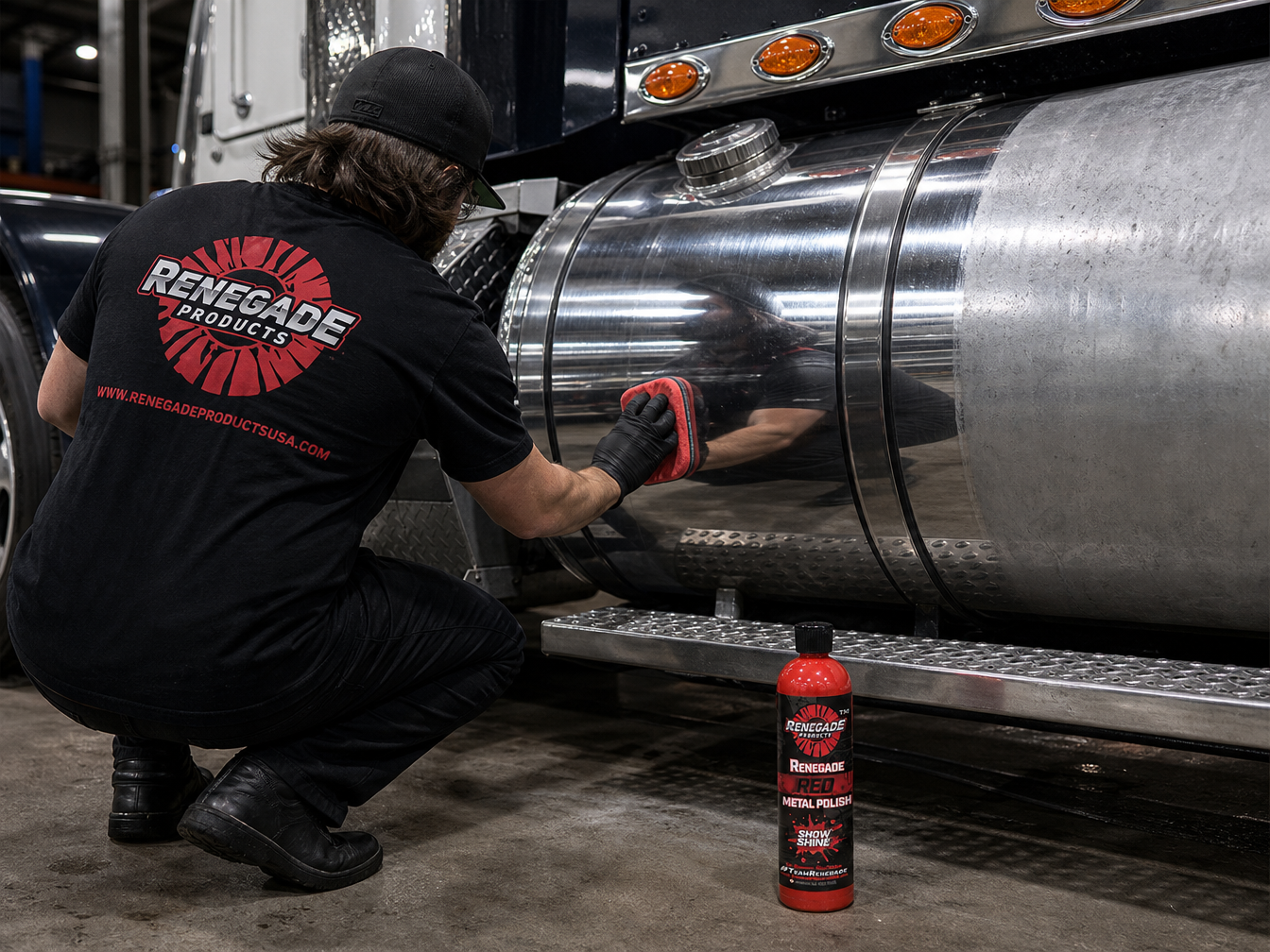 Technician polishing semi-truck aluminum fuel tank with Renegade Pro Red Metal Polish — My Detail Guys Fort Worth