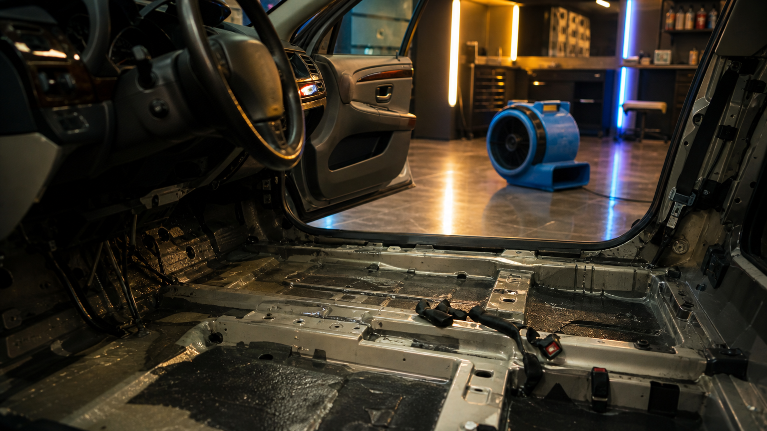 Flooded car restoration — seats and carpet removed for drying by My Detail Guys Fort Worth