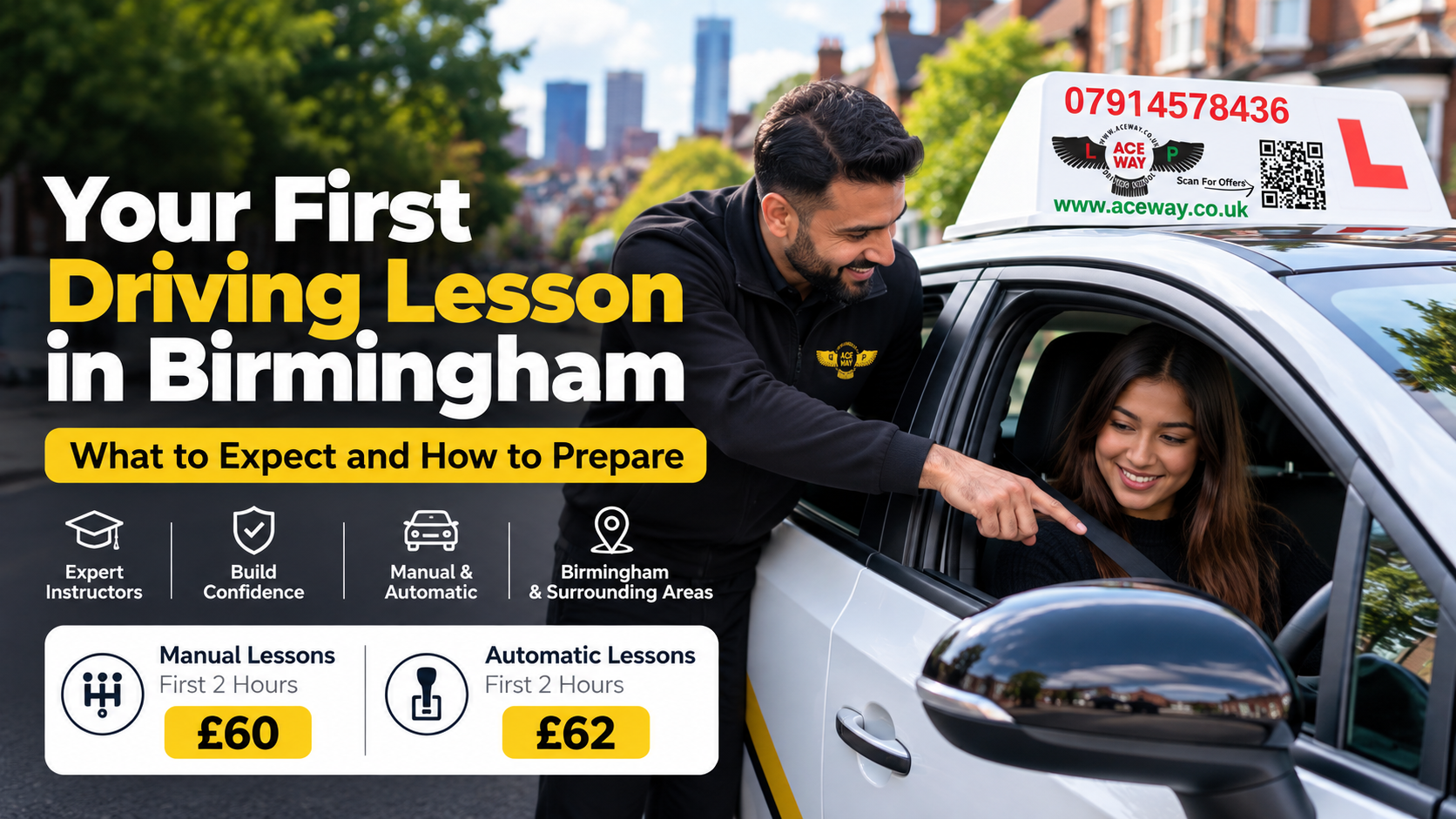 Aceway Driving School instructor helping a beginner during their first driving lesson in Birmingham, with manual and automatic lessons available.