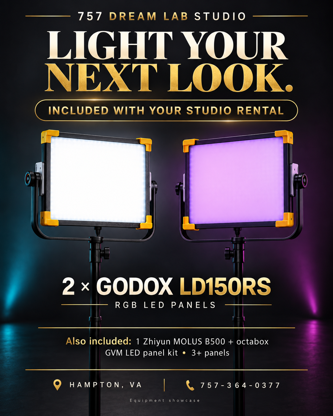 Two Godox LD150RS RGB LED panels included with studio rental, shown in the Light Your Next Look equipment showcase.