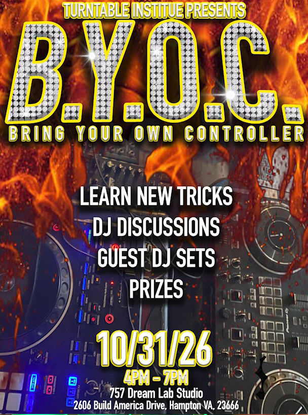 B.Y.O.C. Bring Your Own Controller flyer showing DJ equipment and the October 31 date
