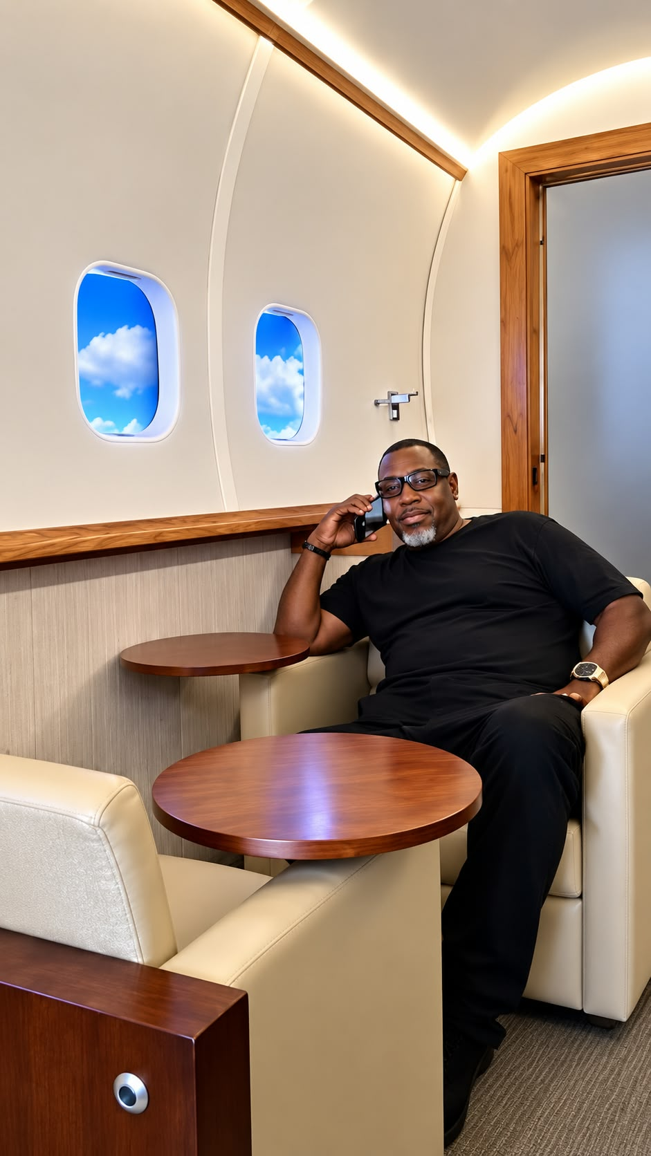 Greg posing with a phone in the JetSet 757 private jet studio set