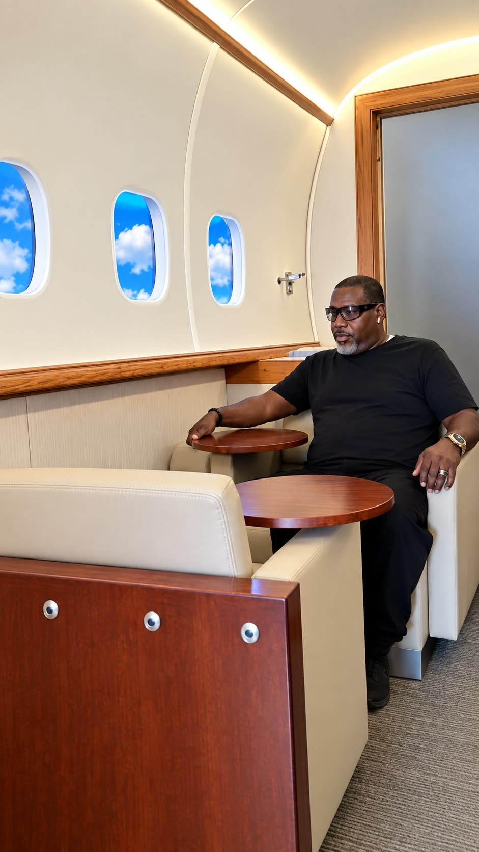 Greg seated inside JetSet 757 with cream seating, wood swing-arm tables, and airplane-style windows