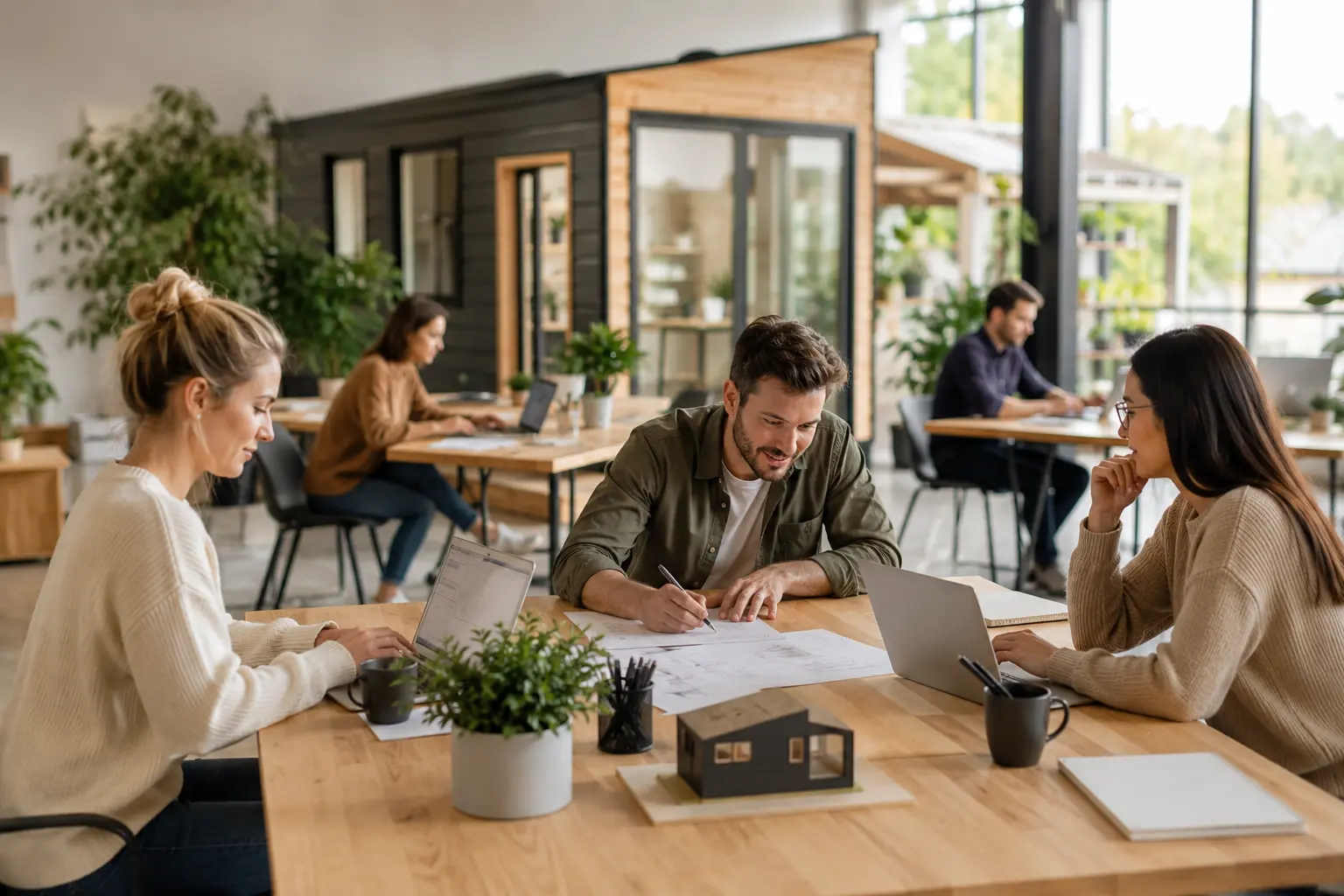 Team collaborating in a modern office on tiny home planning and design projects