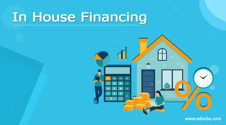 Vector illustration representing in-house financing with a house, calculator, money, percentage sign, and clock over a light blue background. Vector illustration representing in-house financing with a house, calculator, money, percentage sign, and clock over a light blue background.